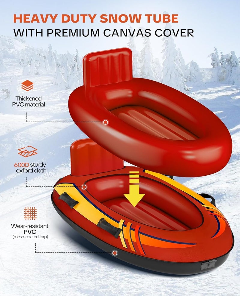 GRENACU 2 Person Inflatable Snow Sled with Premium Canvas Cover, Snow Tubes for Sledding Heavy Duty with Backrest and Handles for Adults, Winter Outdoor Toys Gifts for Boys Girls Family - Image 2